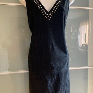 Brand new, suede touch, black mini dress, silver studs, deep V-neck, size S